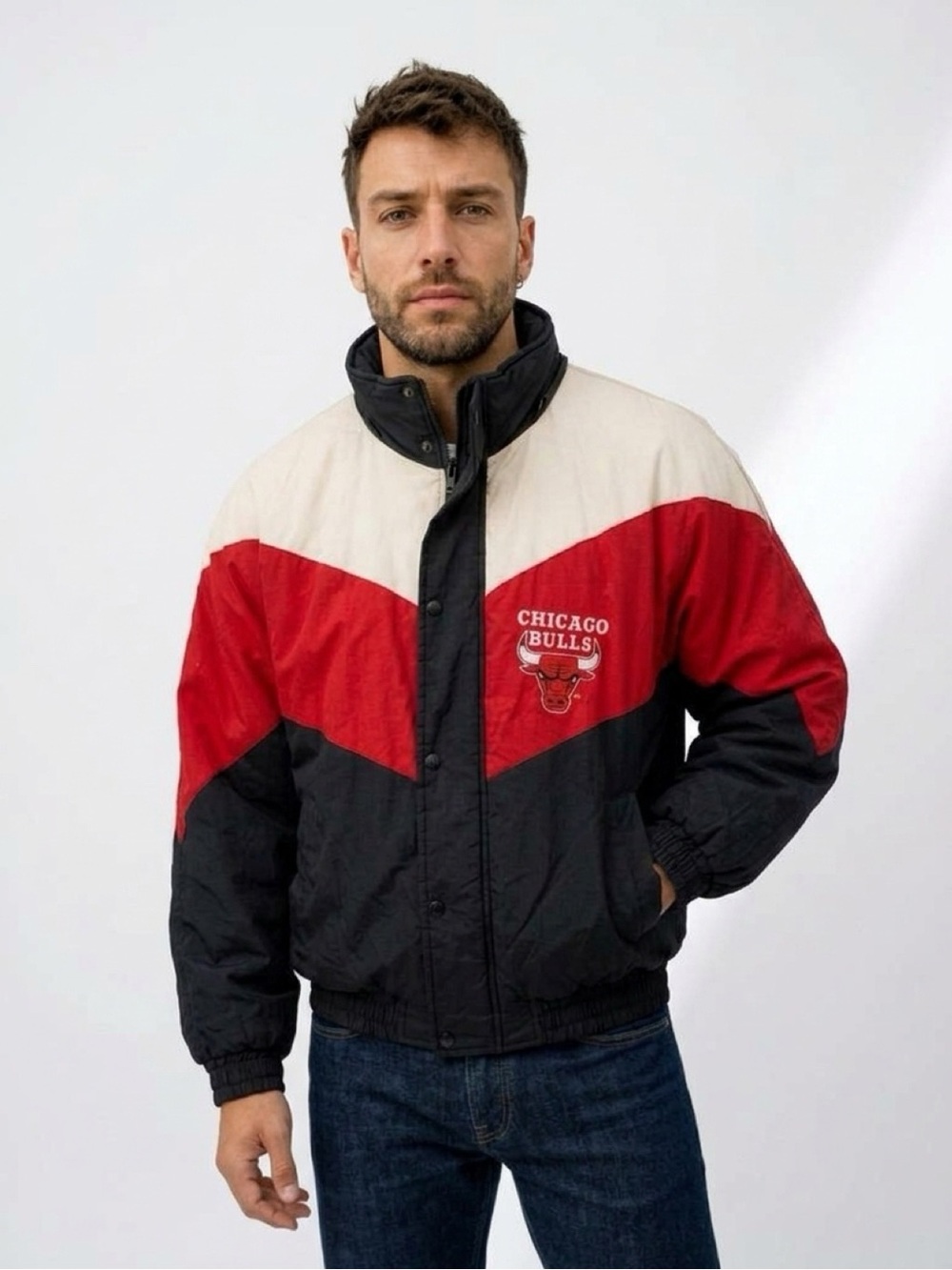 Vintage 90s Logo Athletic Chicago Bulls Puffer Jacket NBA Basketball Full Zip L